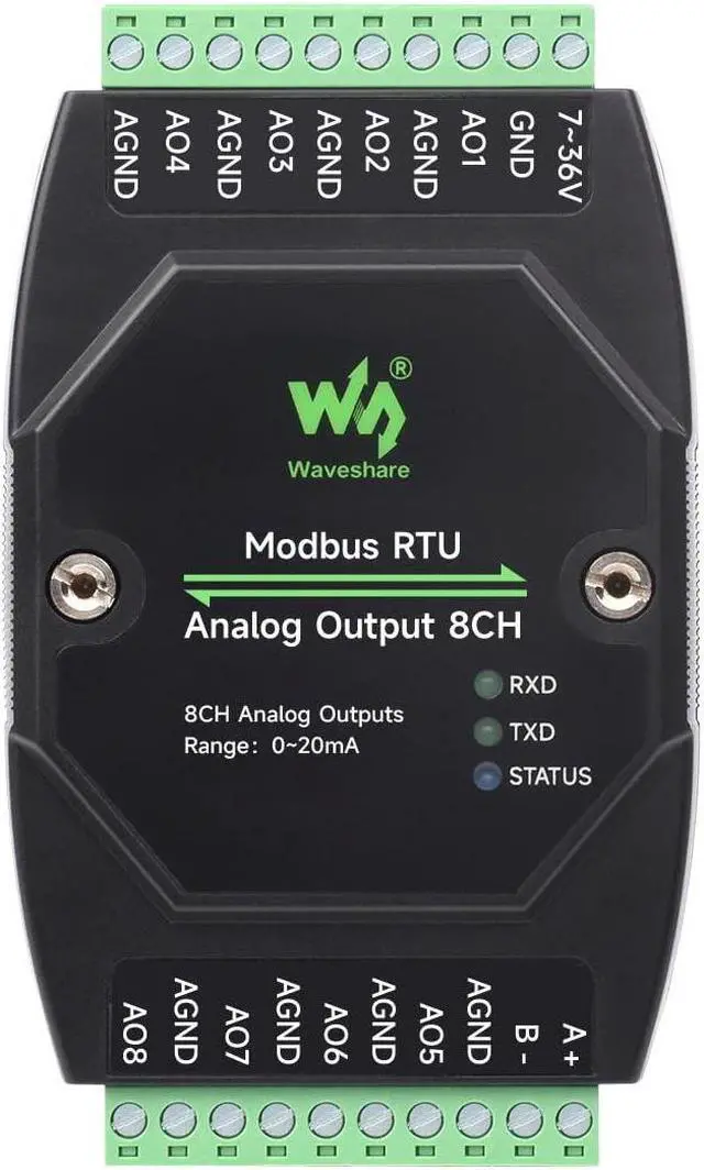 Main image of Waveshare Industrial 8-Ch Analog Output Module, 12-Bit DA Conversion, Supports 8-Ch Simultaneous Current Output, DC 7~36V Wide Voltage Power Supply, Modbus RTU Protocol, Rail-Mount Support