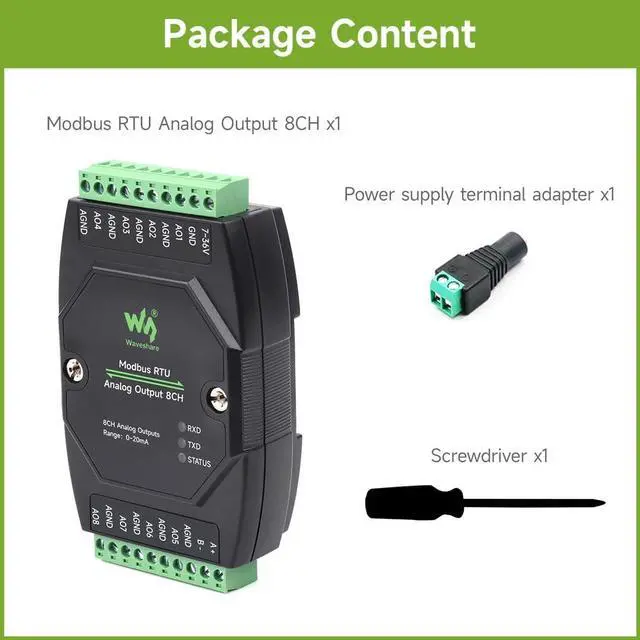 Alt view image 2 of 5 - Waveshare Industrial 8-Ch Analog Output Module, 12-Bit DA Conversion, Supports 8-Ch Simultaneous Current Output, DC 7~36V Wide Voltage Power Supply, Modbus RTU Protocol, Rail-Mount Support