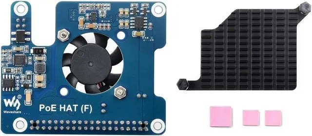 Main image of Waveshare PoE HAT (F) Compatible with Raspberry Pi 5, High Power, Onboard Cooling Fan, with Metal Heatsink, Supports 802.3af/at Network Standard