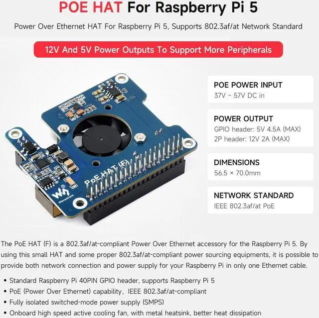 Alt view image 3 of 5 - Waveshare PoE HAT (F) Compatible with Raspberry Pi 5, High Power, Onboard Cooling Fan, with Metal Heatsink, Supports 802.3af/at Network Standard