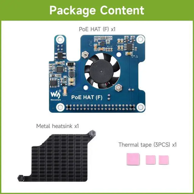 Alt view image 2 of 5 - Waveshare PoE HAT (F) Compatible with Raspberry Pi 5, High Power, Onboard Cooling Fan, with Metal Heatsink, Supports 802.3af/at Network Standard