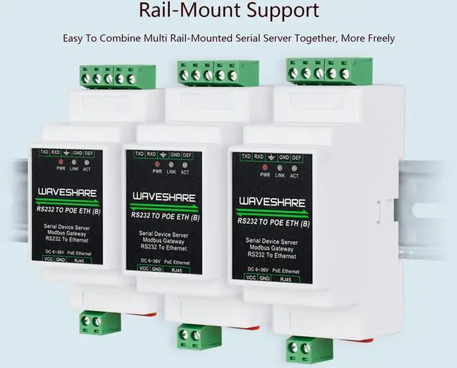 Alt view image 3 of 5 - waveshare RS232 to POE RJ45 Ethernet Module, Industrial Rail-Mount RS232 Serial Server with POE Funtion, TCP/IP to Serial, Support Modbus Gateway, Bi-Directional Between RS232 and Ethernet