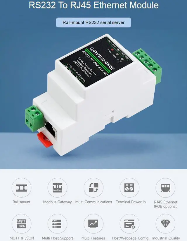 Alt view image 2 of 5 - waveshare RS232 to POE RJ45 Ethernet Module, Industrial Rail-Mount RS232 Serial Server with POE Funtion, TCP/IP to Serial, Support Modbus Gateway, Bi-Directional Between RS232 and Ethernet