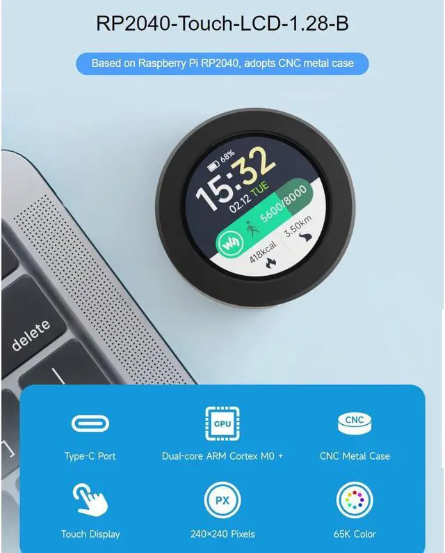 Alt view image 2 of 5 - waveshare RP2040 MCU Board with 1.28inch Round Touch LCD B with CNC Metal Case 240×240 Pixels 65K RGB Color IPS Display, Based on Raspberry Pi RP2040,Onboard Accelerometer and Gyroscope Sensor
