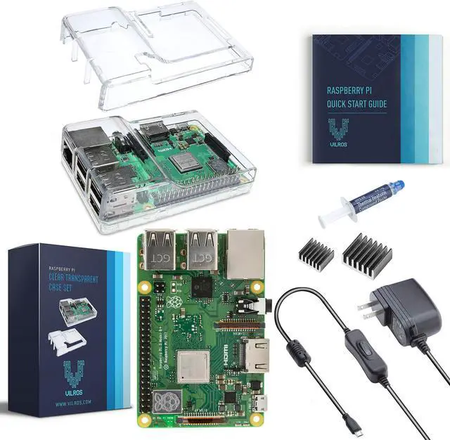 Main image of Vilros Raspberry Pi 3 B+ (B Plus) with Dual Clear Case, 2.5A Power Supply, Heatsinks, and Quick Start Guide - 2018 Model, 5Ft USB Cable, Noise Filter - for Retro Gaming, Media Center & etc.