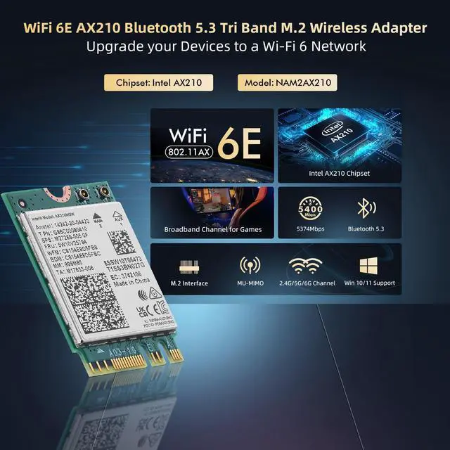 Alt view image 2 of 5 - WiFi 6E Card M.2 AX210NGW Network Adapter, Intel AX210 Chip Bluetooth 5.3, 5400Mbps Tri-Band 2.4GHz/5GHz/6GHz OFDMA & MU-MIMO, for Laptop Windows 10/11