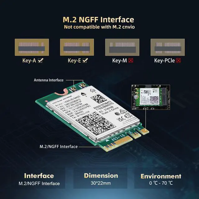 Alt view image 4 of 5 - WiFi 6E Card M.2 AX210NGW Network Adapter, Intel AX210 Chip Bluetooth 5.3, 5400Mbps Tri-Band 2.4GHz/5GHz/6GHz OFDMA & MU-MIMO, for Laptop Windows 10/11