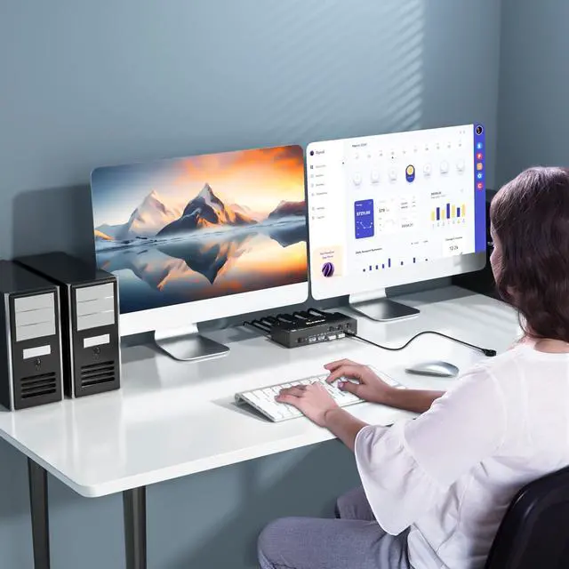 Alt view image 2 of 5 - 8K Displayport KVM Switch 2 Monitors 3 Computers 8K@60Hz 4K@144Hz,Camgeet Dual Monitor KVM Switch Displayport with 4 USB 3.0 Ports for USB Devices,Wired Remote and 12V Power Adapter Included