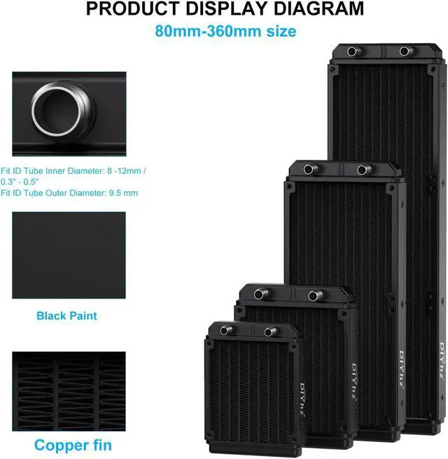 Alt view image 5 of 5 - DIYhz Water Cooling Computer Radiator, 12 Pipe Aluminum Heat Exchanger Liquid Cooling Radiator Heat Sink 360mm for CPU PC Laser Water Cool System DC12V Black with Tube