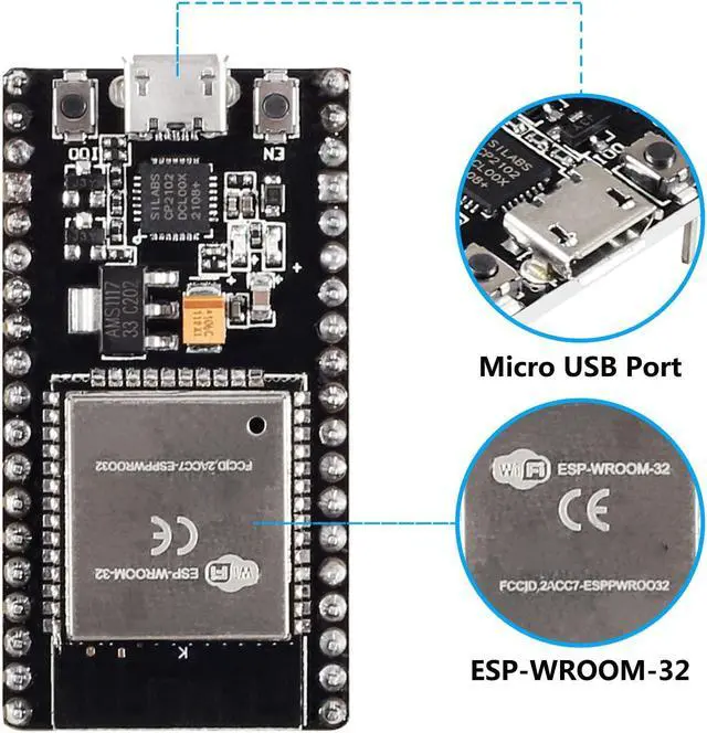 Alt view image 4 of 5 - 6Pcs ESP32 Development Board WiFi + Bluetooth Microcontroller Dual Cores ESP-32 ESP-32S Board ESP-WROOM-32 CP2102 Chip 38Pin Narrow Version 2 in 1 Dual Core Low Power Consumption ESP-32S