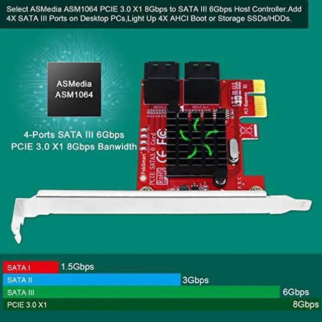 Alt view image 2 of 5 - FebSmart PCIE 3.0 to 4-Ports 6Gbps SATA III Expansion Card for Desktop PCs, Plug and Play on Windows OS, MAC OS, Linux, ASMedia ASM1064 None-Raid PCIE 3.0 SATA III Host Controller (FS-S4-Pro V2)