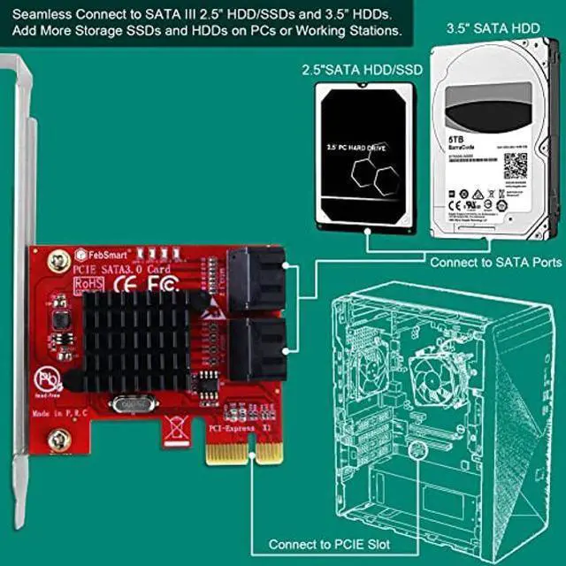 Alt view image 4 of 5 - FebSmart PCIE 3.0 to 4-Ports 6Gbps SATA III Expansion Card for Desktop PCs, Plug and Play on Windows OS, MAC OS, Linux, ASMedia ASM1064 None-Raid PCIE 3.0 SATA III Host Controller (FS-S4-Pro V2)