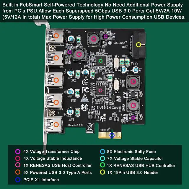 Alt view image 3 of 5 - FebSmart 7-Ports Superspeed 5Gbps USB 3.0 PCIE Expansion Card, 5-Ports USB-A and an 19Pin USB 3.0 Header, Built in FebSmart Self-Powered Technology, No Need Additional Power Supply (FS-U7S-Pro)