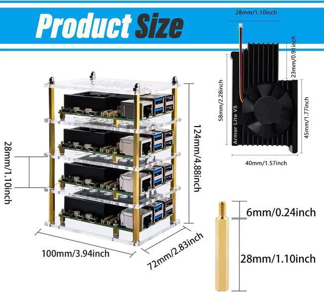 Alt view image 3 of 5 - GeeekPi 4 Layers Cluster Case for Raspberry Pi 5, Pi 5 Stackable Case with 4PCS Armor Lite V5 Active Cooler for Raspberry Pi 5 8GB 4GB