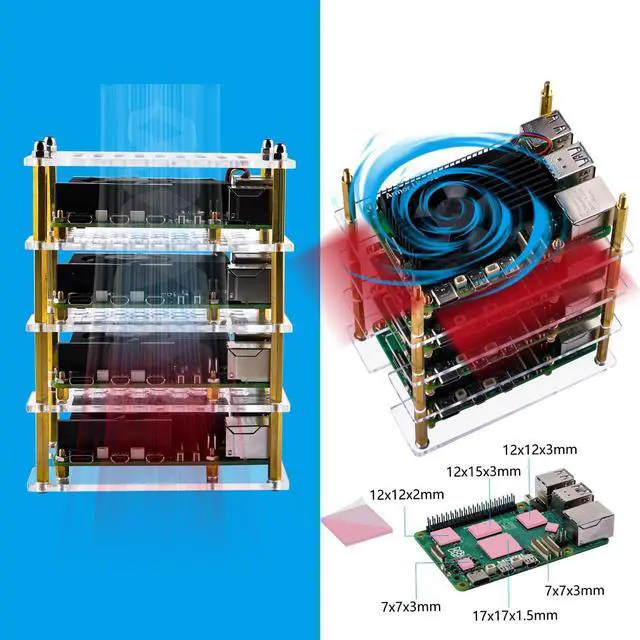 Alt view image 4 of 5 - GeeekPi 4 Layers Cluster Case for Raspberry Pi 5, Pi 5 Stackable Case with 4PCS Armor Lite V5 Active Cooler for Raspberry Pi 5 8GB 4GB