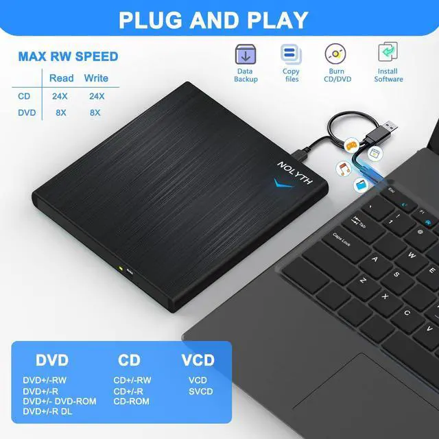 Alt view image 2 of 5 - NOLYTH External CD Drive for Laptop, Slim CD Burner for Mac with 1 Audio 2 USB Ports, USB DVD Drive External Optical Disk Reader Player for PC Windows Desktop