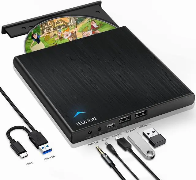 Main image of NOLYTH External CD Drive for Laptop, Slim CD Burner for Mac with 1 Audio 2 USB Ports, USB DVD Drive External Optical Disk Reader Player for PC Windows Desktop