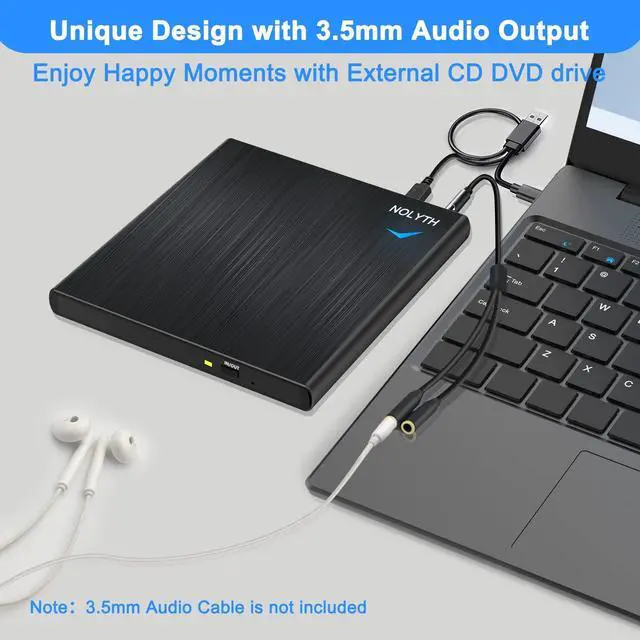 Alt view image 3 of 5 - NOLYTH External CD Drive for Laptop, Slim CD Burner for Mac with 1 Audio 2 USB Ports, USB DVD Drive External Optical Disk Reader Player for PC Windows Desktop