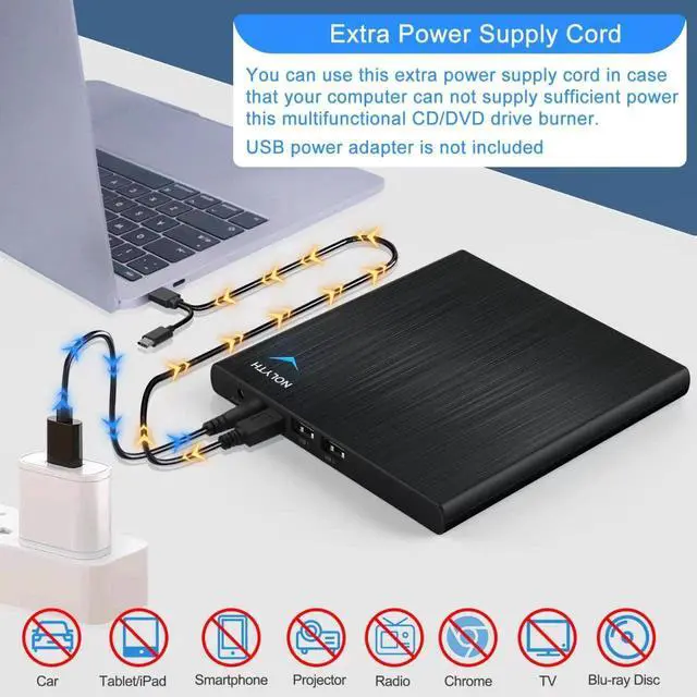 Alt view image 4 of 5 - NOLYTH External CD Drive for Laptop, Slim CD Burner for Mac with 1 Audio 2 USB Ports, USB DVD Drive External Optical Disk Reader Player for PC Windows Desktop