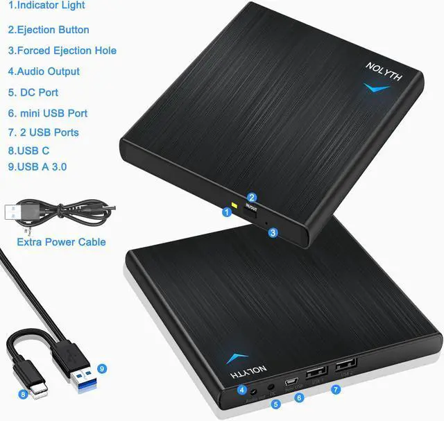 Alt view image 5 of 5 - NOLYTH External CD Drive for Laptop, Slim CD Burner for Mac with 1 Audio 2 USB Ports, USB DVD Drive External Optical Disk Reader Player for PC Windows Desktop