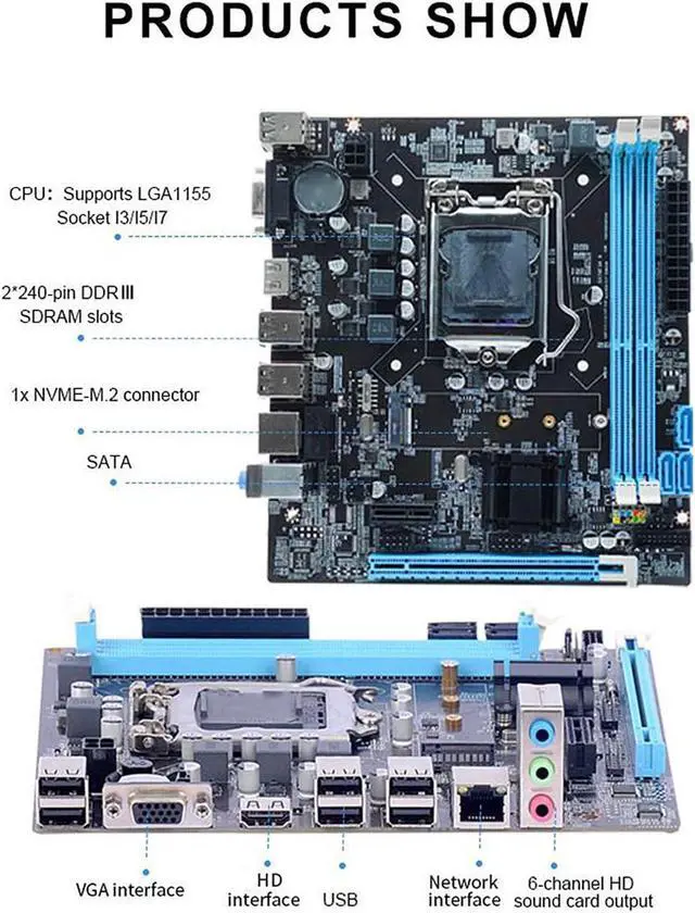 Alt view image 3 of 5 - LGA 1155 CPU Slot Desktop Motherboard, H61 LGA 1155 Gaming Motherboard, Channel DDR3, M.2 NVMe NGFF, 3 Phase Power, HD VGA Output