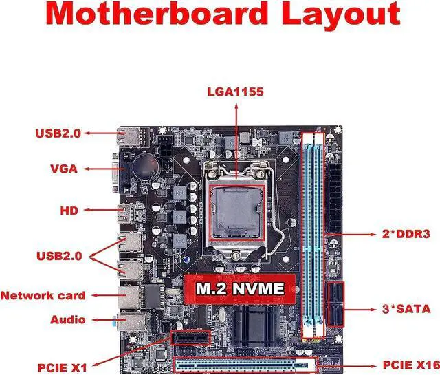 Alt view image 4 of 5 - LGA 1155 CPU Slot Desktop Motherboard, H61 LGA 1155 Gaming Motherboard, Channel DDR3, M.2 NVMe NGFF, 3 Phase Power, HD VGA Output