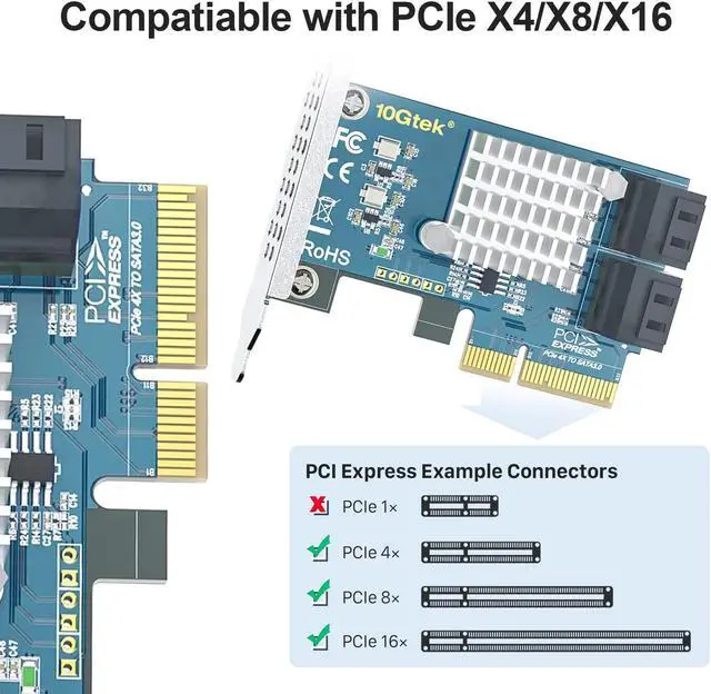 Alt view image 2 of 5 - H!Fiber 4 Port PCIe SATA Card with 4 SATA Cables, 6Gbps SATA3.0 Expansion Card, X4, ASMedia ASM1164 chip, Support SSD and HDD, with Full Height and Low Profile Bracket