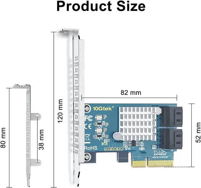 Alt view image 3 of 5 - H!Fiber 4 Port PCIe SATA Card with 4 SATA Cables, 6Gbps SATA3.0 Expansion Card, X4, ASMedia ASM1164 chip, Support SSD and HDD, with Full Height and Low Profile Bracket
