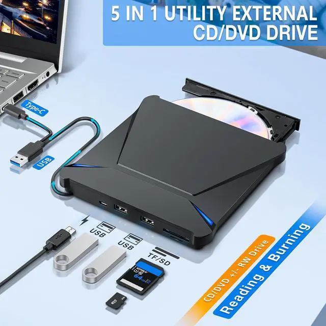Alt view image 2 of 5 - Haiway External DVD Drive, USB 3.0 Type-C Portable CD DVD Drive Burner Player Reader Writer with 2 USB 3.0 Ports and TF/SD Card Slots, Optical Disk Drive for Laptop Mac, PC Windows 11/10/8/7 Linux OS