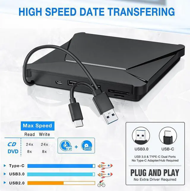 Alt view image 3 of 5 - Haiway External DVD Drive, USB 3.0 Type-C Portable CD DVD Drive Burner Player Reader Writer with 2 USB 3.0 Ports and TF/SD Card Slots, Optical Disk Drive for Laptop Mac, PC Windows 11/10/8/7 Linux OS