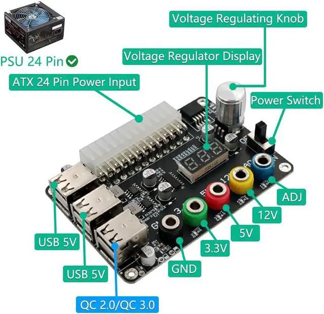 Alt view image 2 of 5 - HLT ATX Power Supply Breakout Board with Adjustable Voltage Knob and 6- Port USB 2.0,and QC 2.0/QC 3.0, 3A Maximum Output,
