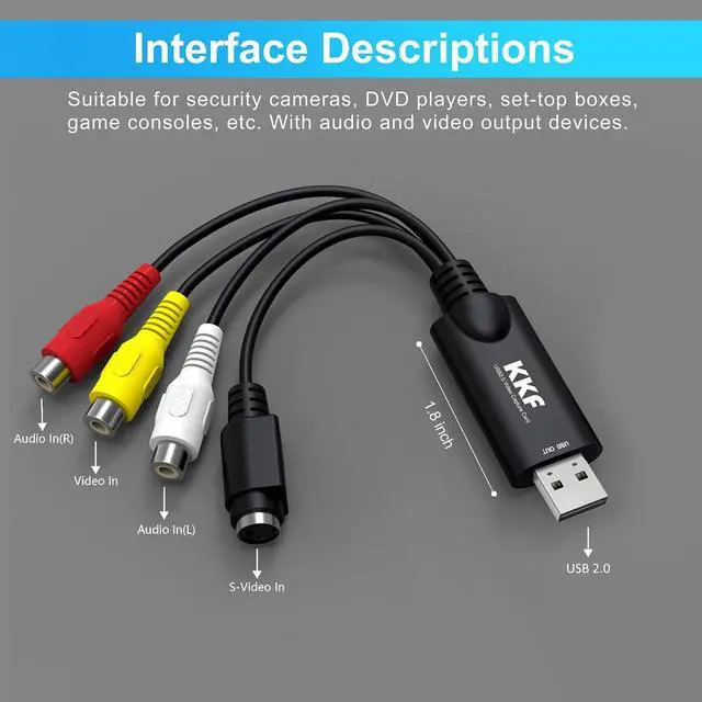 Alt view image 3 of 5 - Kkf RCA AV to USB Video Capture Card Converter, Convert Analog VHS VCR to Digital Adapter, USB 2.0 Audio Transfer Grabber, Digitize Video DSLR DVD PS3 PS4 Camera (IU037B-2)