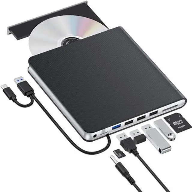 Main image of External CD DVD Drive for Laptop, USB 3.0 CD Burner External DVD Drive Portable DVD Player for Laptop with 4 USB and TF/SD Slots,Slim External CD Drive Compatible with Laptop Desktop Mac Windows Linux