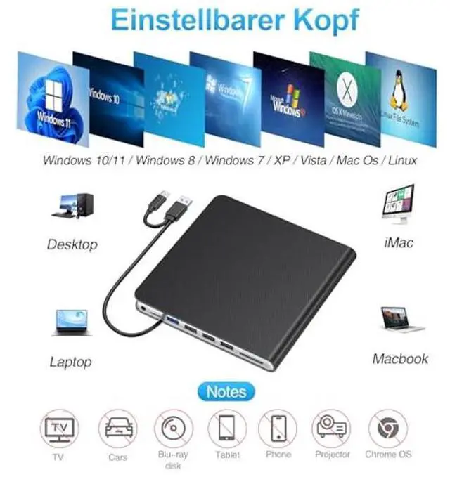 Alt view image 4 of 5 - External CD DVD Drive for Laptop, USB 3.0 CD Burner External DVD Drive Portable DVD Player for Laptop with 4 USB and TF/SD Slots,Slim External CD Drive Compatible with Laptop Desktop Mac Windows Linux