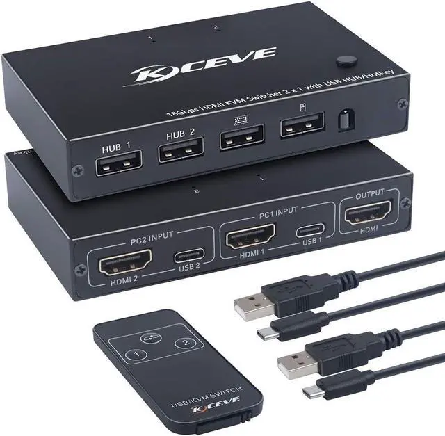 Main image of KCEVE HDMI KVM Switch, 2 Port USB and HDMI 4K@60Hz Switch Adapter Box for 2 Computers Share Keyboard Mouse and one HD Monitor, with HDMI Cables and USB Cables