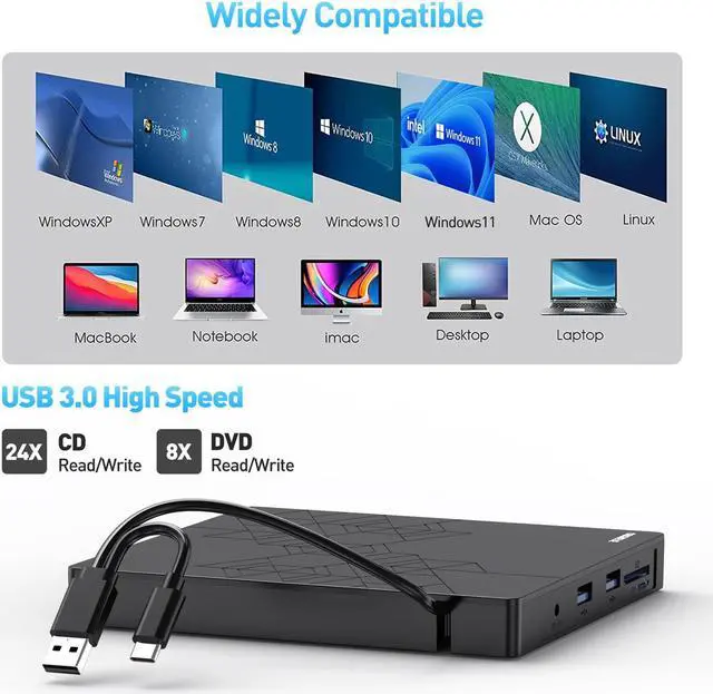 Alt view image 5 of 5 - ORIGBELIE External DVD Drive, CD Drive USB 3.0 Typle C CD/DVD ROM +/-RW Adapter with USB Port DVD Burner for Laptop PC Desktop Computer, Optical Disk Drive CD Player Compatible with Mac Windows Linux