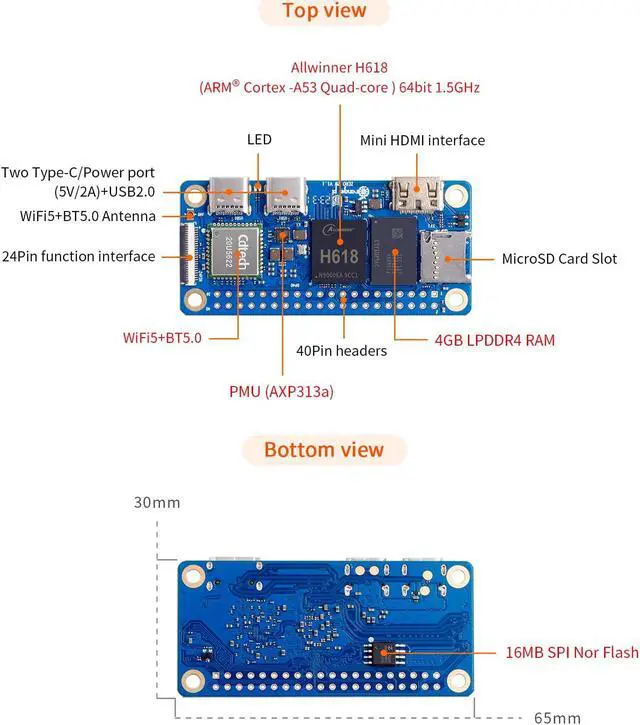 Alt view image 4 of 5 - Orange Pi Zero 2W 2GB Allwinner H618 LPDDR4 Quad Core CPU 64 Bit Single Board Computer, 1.5GHz Frequency WiFi 5.0 Bluetooth 5.0 onboard Antenna Support 4K Display Run Android Ubuntu (Zero 2W 2G)