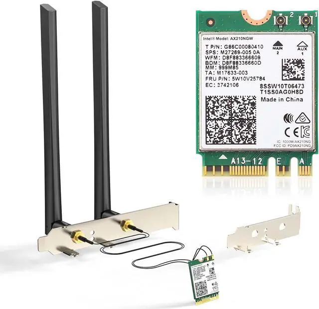 Main image of AX210 WiFi 6E Desktop Kit, Expand to Tri-Band 6GHz/5GHz/2.4GHz M.2 NGFF Wireless Bluetooth 5.2 Card Support Windows 10 11, 64 bit Desktop PC, Includes Ipex Cable, 5dBi Antennas and Brackets