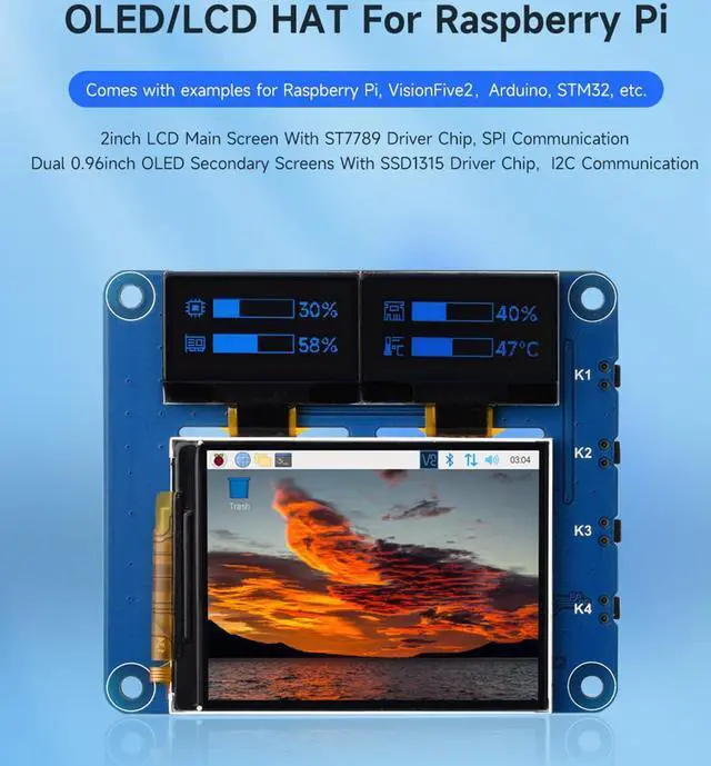 Alt view image 2 of 5 - Triple OLED/LCD HAT for Raspberry Pi 5/4B/3B+/3B/Zero W/Zero 2W, Onboard 2inch IPS LCD Main Screen 240x320 SPI Interface and Dual 0.96inch OLED Secondary Screens 128x64 I2C Interface