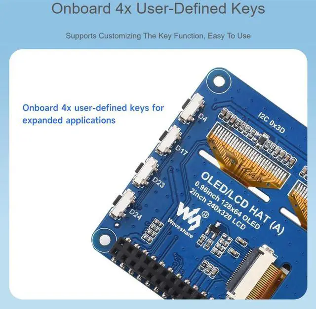 Alt view image 5 of 5 - Triple OLED/LCD HAT for Raspberry Pi 5/4B/3B+/3B/Zero W/Zero 2W, Onboard 2inch IPS LCD Main Screen 240x320 SPI Interface and Dual 0.96inch OLED Secondary Screens 128x64 I2C Interface