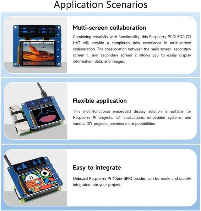 Alt view image 4 of 5 - Triple OLED/LCD HAT for Raspberry Pi 5/4B/3B+/3B/Zero W/Zero 2W, Onboard 2inch IPS LCD Main Screen 240x320 SPI Interface and Dual 0.96inch OLED Secondary Screens 128x64 I2C Interface