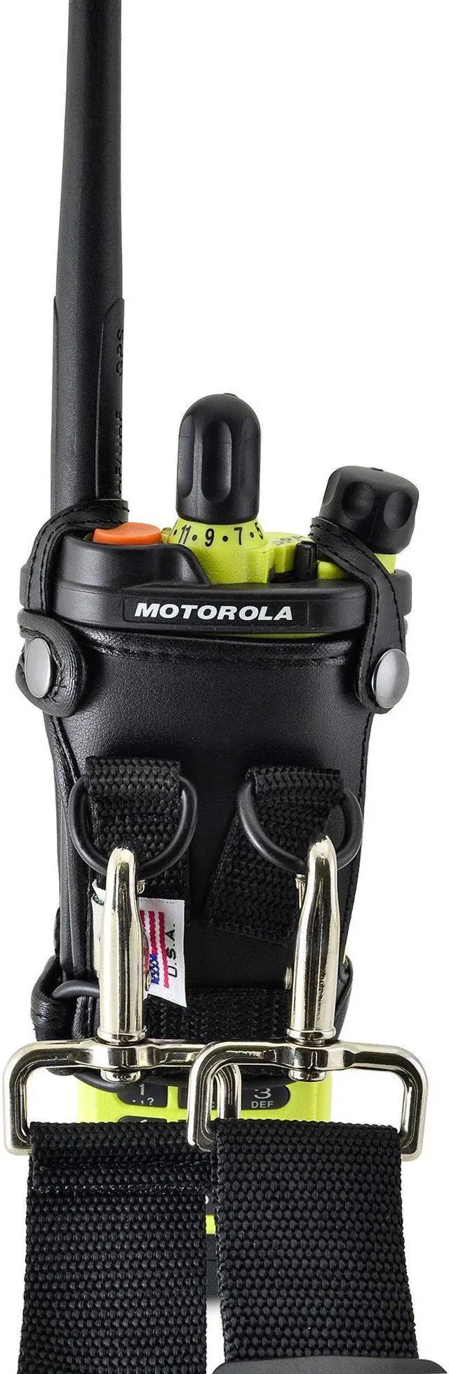 Alt view image 5 of 5 - Turtleback Carry Holder for APX7000XE Radio with D Rings Attachment, Fire and Police Two Way Radio Belt Case, Black Leather Duty Belt Holster with Heavy Duty D Rings,