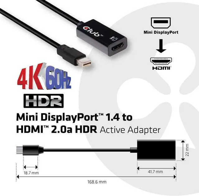 Alt view image 4 of 5 - Club 3D CAC-1180 Mini DisplayPort 1.4 to HDMI 2.0B HDR Adapter Supports 4096X2160@60Hz High Dynamic Range, Black