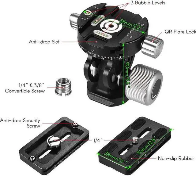 Alt view image 4 of 5 - Andoer VH-10 2 Way Pan/Tilt Tripod Head Panoramic Bird Watching Photography Head with Quick Release Plate 3 Bubble Level Carry Bag Replacement for Sirui L10 RRS MH-02