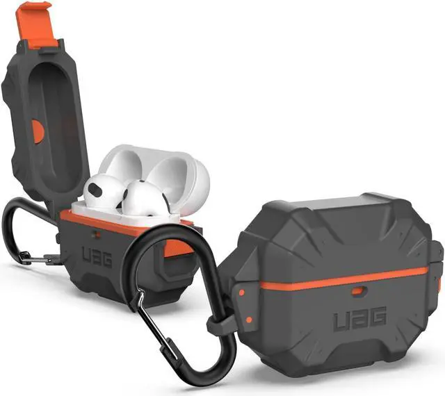 Main image of URBAN ARMOR GEAR UAG Designed for AirPod Case Silver Orange (3rd Generation, 2021) Durable Protective Soft-Touch Silicone with Detachable Carabiner, Pathfinder