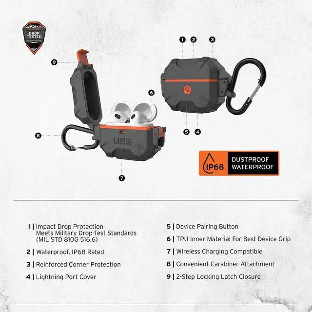 Alt view image 2 of 5 - URBAN ARMOR GEAR UAG Designed for AirPod Case Silver Orange (3rd Generation, 2021) Durable Protective Soft-Touch Silicone with Detachable Carabiner, Pathfinder