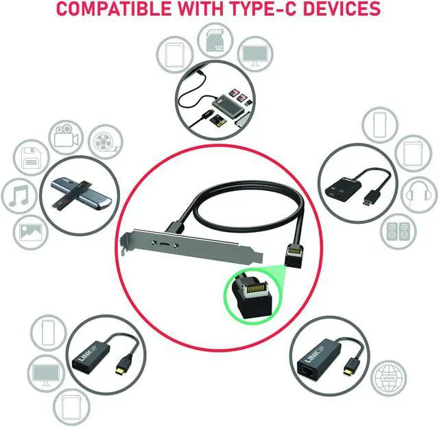 Alt view image 3 of 5 - LINKUP - USB 3.2 Gen 2x2 20Gbps USB-C Type Internal Panel Cable Mount Motherboard Header Extension Adapter|20-Pin A-Key Male with Cover to USB-C Female Connector with PCI Bracket - Right Angle - 60cm