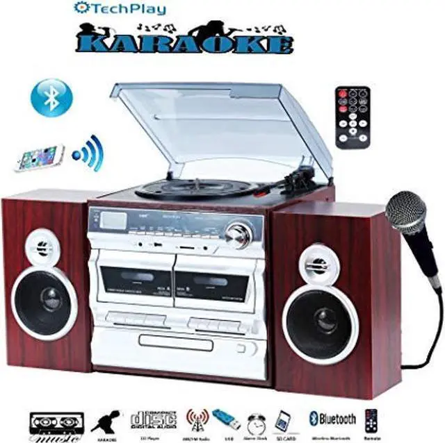 Main image of TechPlay Karaoke Enabled, 30W RMS, Retro Classic Turntable, NFC Bluetooth, Double Cassette Player/Recorder, CD MP3 Player, USB SD Ports, AM/FM Digital Alarm Clock and Full Remote Control