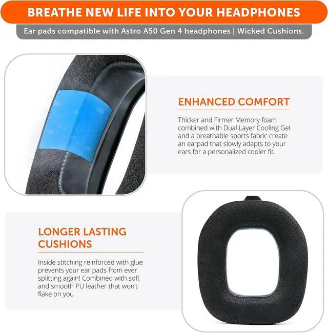 Alt view image 4 of 5 - A50 WC Freeze A50 - Cooling Gel Replacement Earpads for Astro A50 Gen 4 and Astro A50X Only, Made by Wicked Cushions, Improved Durability, Thickness and Sound Isolation | Black
