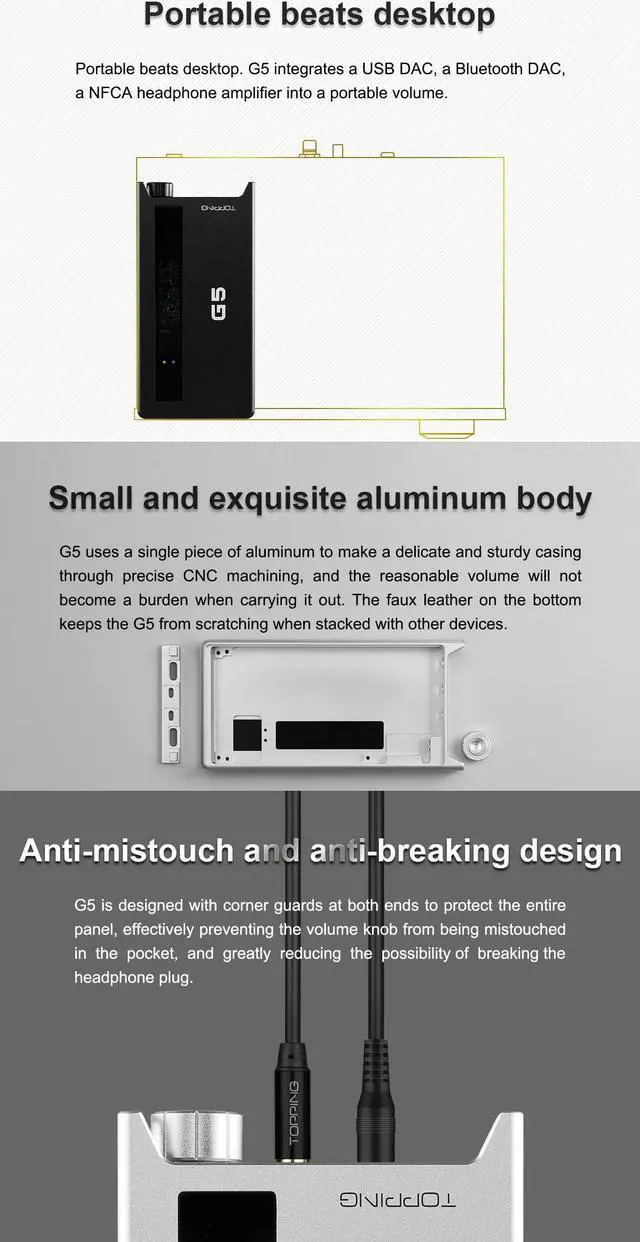 Alt view image 4 of 5 - Topping G5 Portable NFCA Headphone Amplifier DAC - USB Type C/Bluetooth/AUX Input, 6.35mm Line Out 3.5mm/4.4mm Headphone Out LDAC Hi-Res Audio (Black)